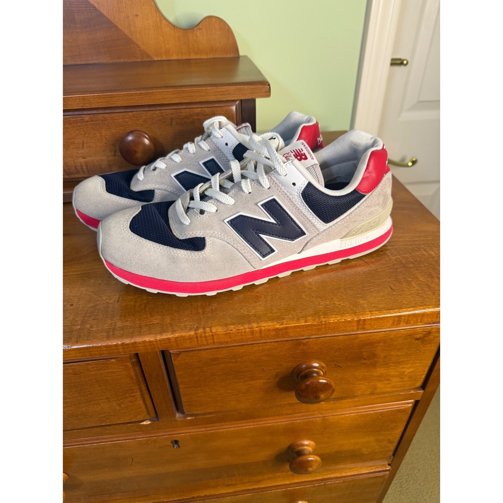 New Balance 574 Classic Mens 12 Grey Navy Red Suede Sneakers ML574 retro